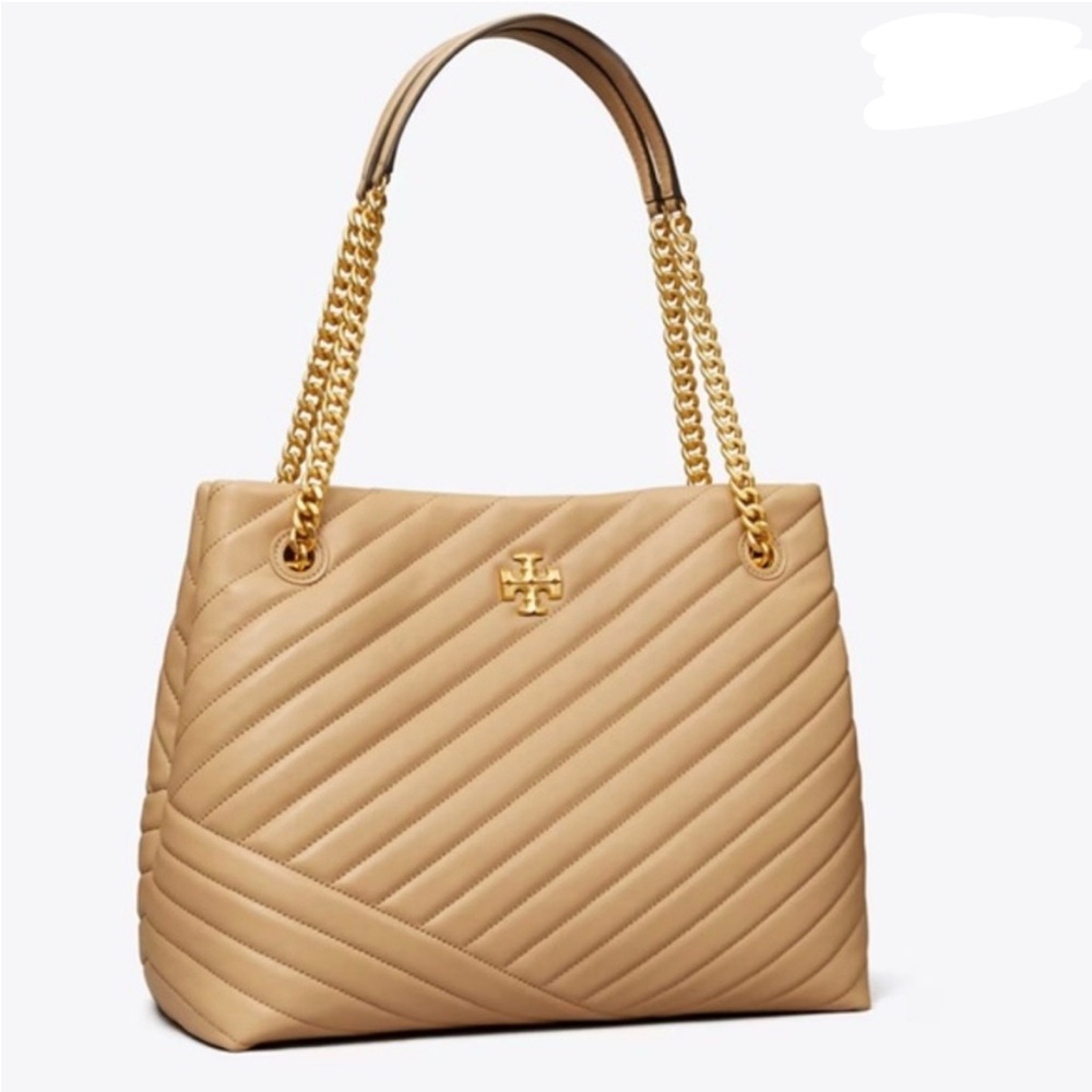 Tory Burch Tan Cream Kira Chevron Tote Bag With Gold Hardware Shoulder Bag